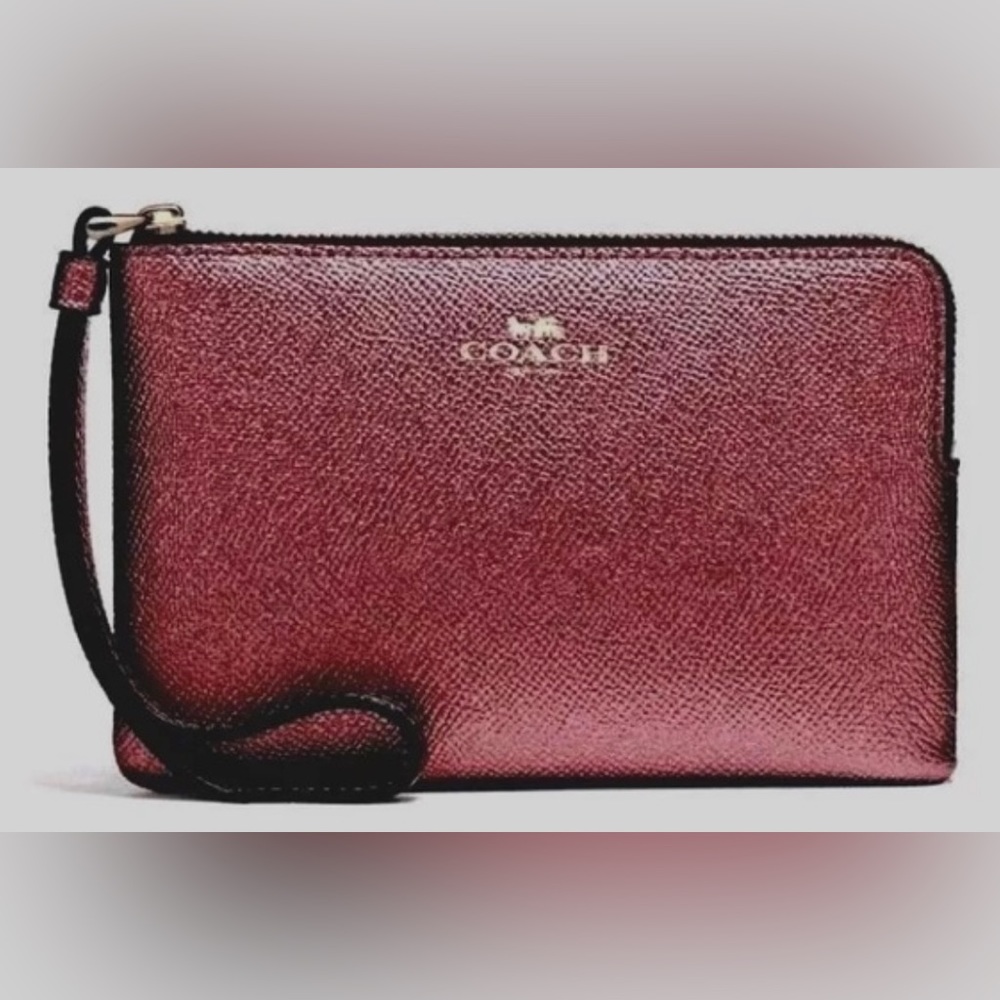 COACH Metallic Cherry Red Crossgrain Leather Corner Zip Wristlet